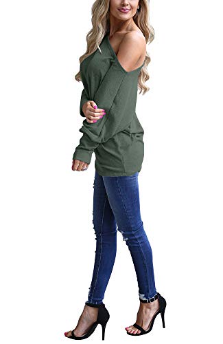 Lacozy Women's Sexy Off Shoulder Tops Long Sleeve Loose Oversized Pullover Sweater Knit Jumper Green M - Image 2