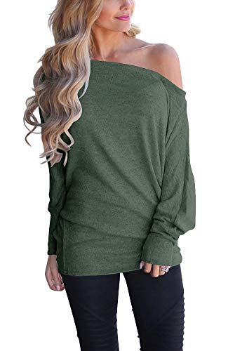 Lacozy Women's Sexy Off Shoulder Tops Long Sleeve Loose Oversized Pullover Sweater Knit Jumper Green M - Image 1