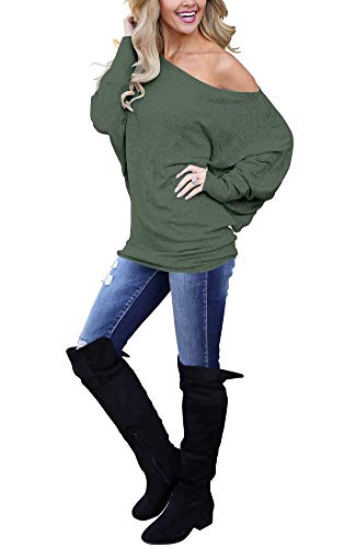 Lacozy Women's Sexy Off Shoulder Tops Long Sleeve Loose Oversized Pullover Sweater Knit Jumper Green M - Image 3