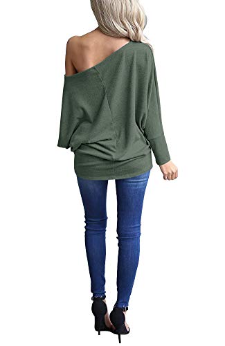 Lacozy Women's Sexy Off Shoulder Tops Long Sleeve Loose Oversized Pullover Sweater Knit Jumper Green M - Image 4
