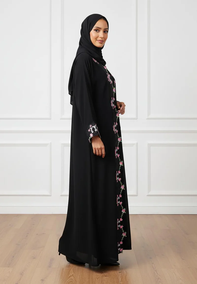 النخبة Premium Black Nida Abaya with Intricate Embroidery-823