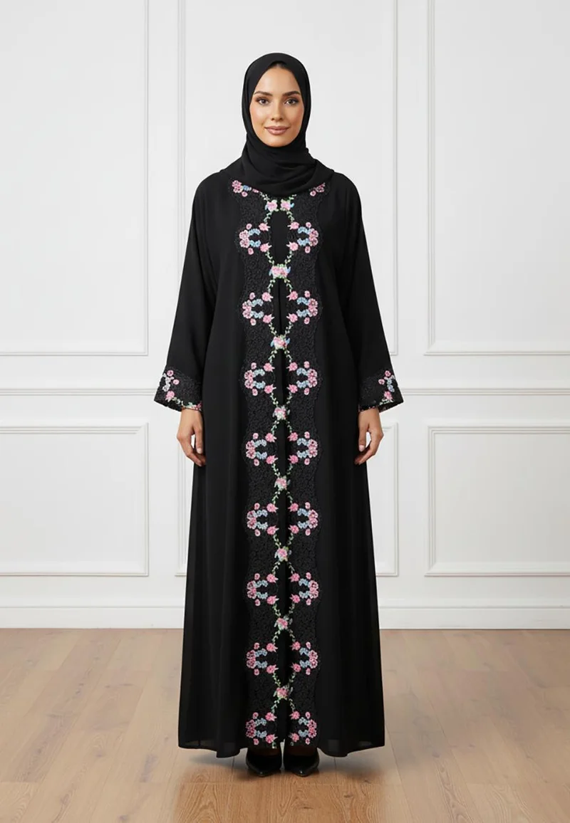Premium Black Nida Abaya with Intricate Embroidery-823