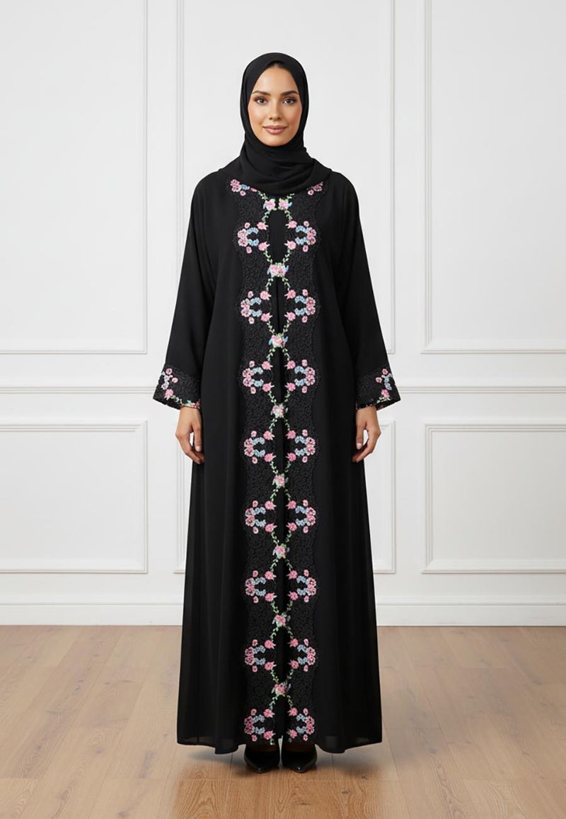 NUKHBAA عباءة نيدا سوداء فاخرة مع تطريز معقد-823 - Image 1
