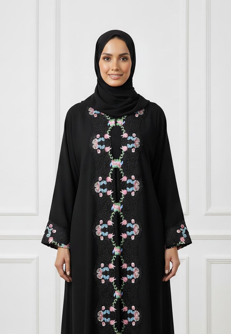 NUKHBAA عباءة نيدا سوداء فاخرة مع تطريز معقد-823 - Image 4