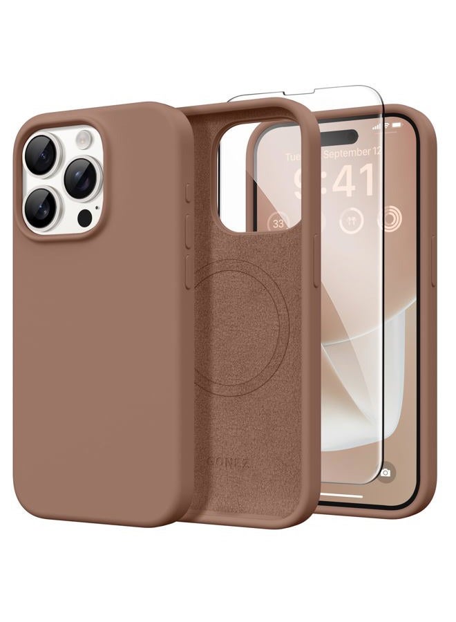GONEZ لهاتف iPhone 15 Pro Max - جراب سيليكون، متوافق مع ماغسيف، واقي كاميرا + واقي شاشة، بطانة ميكروفايبر ناعمة مقاومة للخدش، جراب هاتف مقاوم للصدمات من السيليكون السائل، بني - Image 1