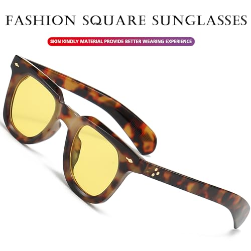 PORADAY Square Sunglasses for Women Men Trendy Thick Frame Sun Glasses Black Shades (Leopard/Yellow) - Image 5
