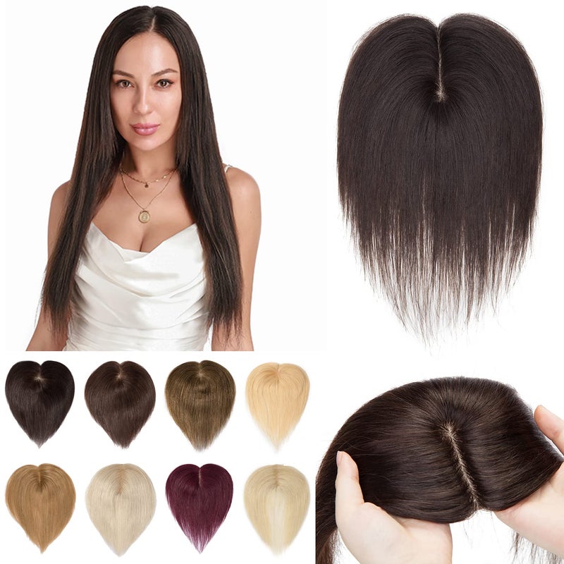 S-noilite Human Hair Toppers 130% Density Hand Made Silk Base Clip in Topper Top Hair Pieces For Women with Thinning Hair/Hair Loss Cover Gray Hair 12Inch 40g #2 Dark Brown - Image 1