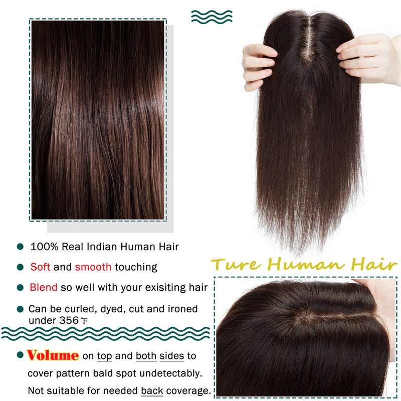 S-noilite Human Hair Toppers 130% Density Hand Made Silk Base Clip in Topper Top Hair Pieces For Women with Thinning Hair/Hair Loss Cover Gray Hair 12Inch 40g #2 Dark Brown - Image 4