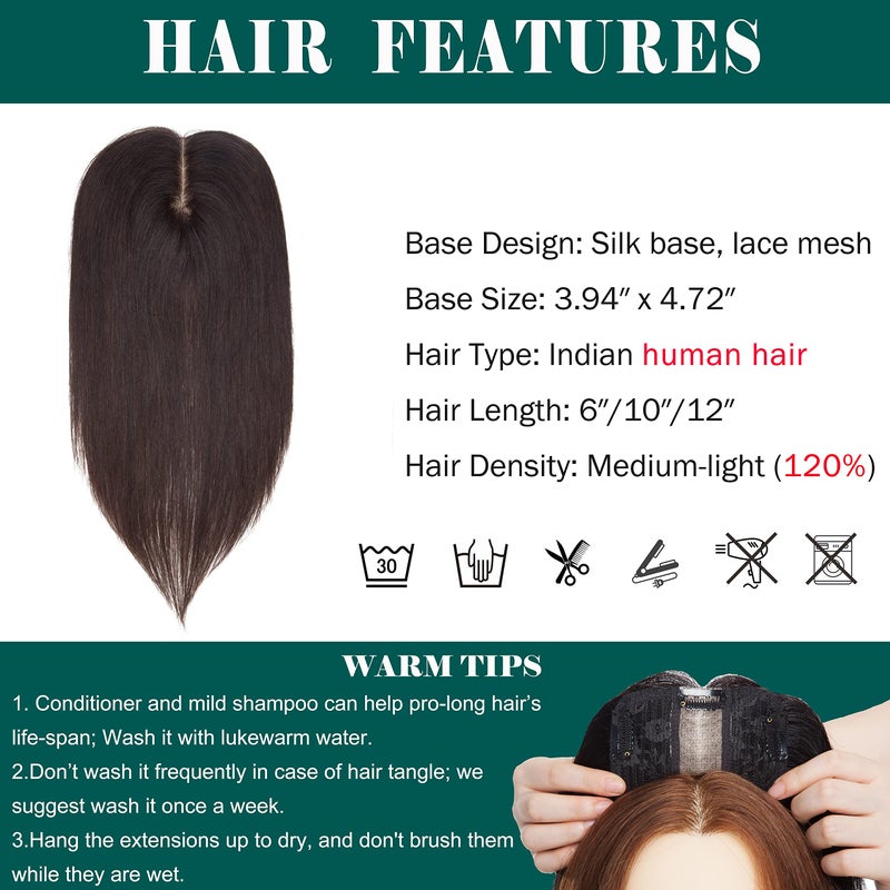 S-noilite Human Hair Toppers 130% Density Hand Made Silk Base Clip in Topper Top Hair Pieces For Women with Thinning Hair/Hair Loss Cover Gray Hair 12Inch 40g #2 Dark Brown - Image 5