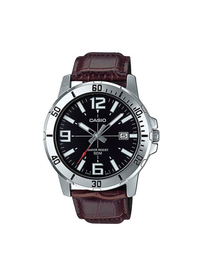 كاسيو ساعة كاسيو رجالية بسوار جلدي MTP-VD01L-1BVUDF – ميناء أسود مع إطار دوّار وعرض للتاريخ ومقاومة للماء - Image 1