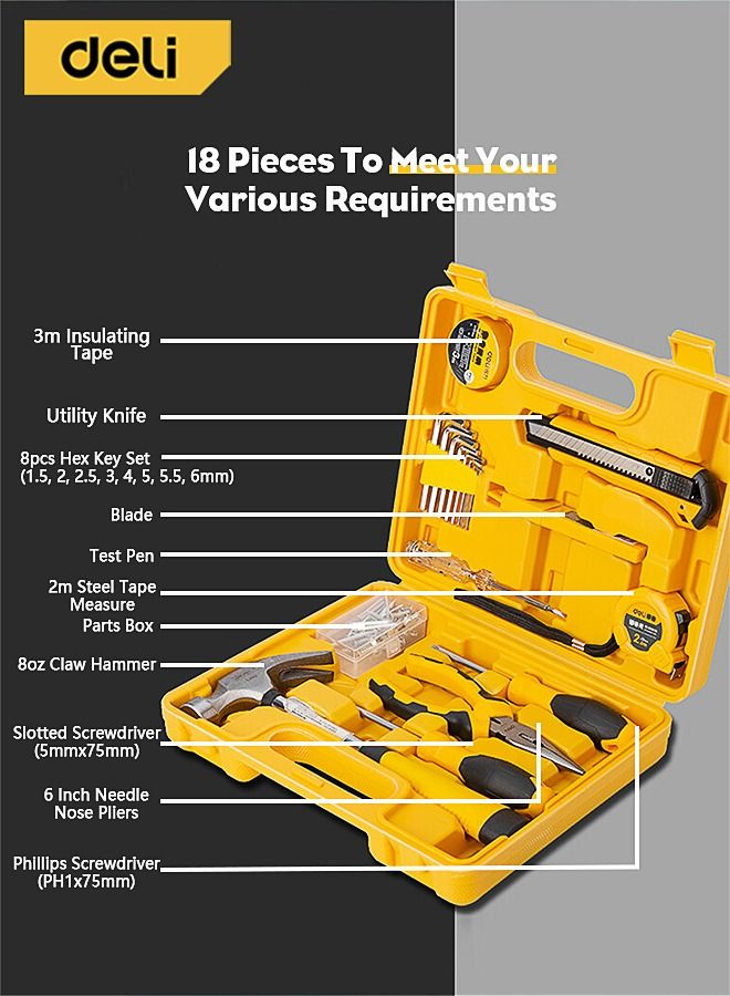 Deli 18-Piece Heavy Duty Tool Kit with Box ( Phillips and Slotted Screwdriver Tape Knife Pliers Hex Wrench )  - Image 2