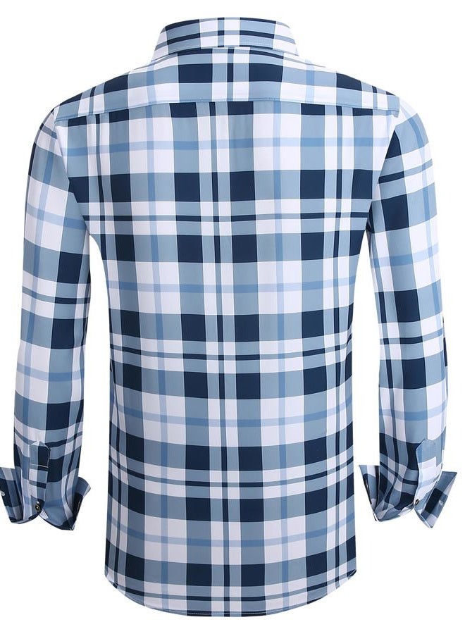 Alex Vando Mens Button Down Shirts Wrinkle Free 4-Way Stretch Print Business Casual Shirt, 18 Navy White, L - Image 2