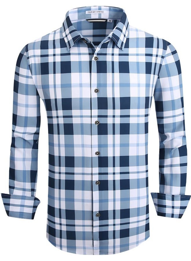 Alex Vando Mens Button Down Shirts Wrinkle Free 4-Way Stretch Print Business Casual Shirt, 18 Navy White, L - Image 1
