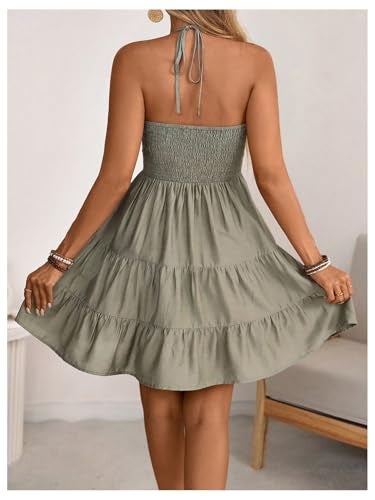 BEAUDRM Women's Halter Mini Summer Dress Flowy Tie Backless Beach Cami Dress Ruffle Hem A Line Sundress Green Large - Image 2