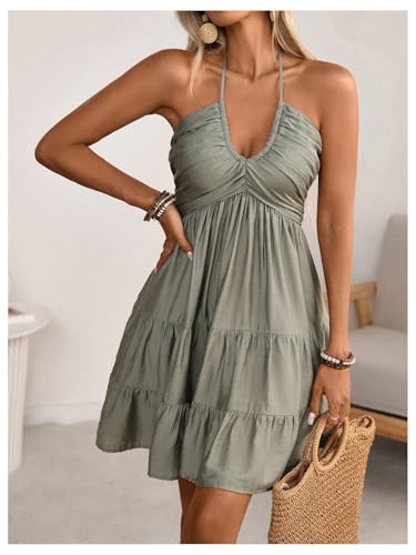 BEAUDRM Women's Halter Mini Summer Dress Flowy Tie Backless Beach Cami Dress Ruffle Hem A Line Sundress Green Large - Image 4