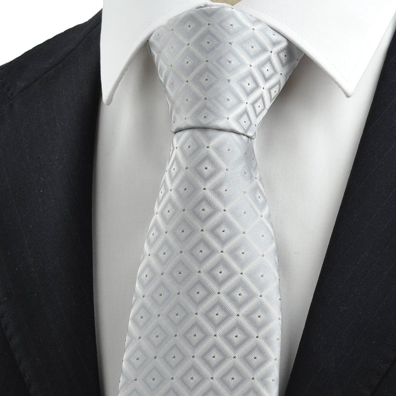 KissTies Ties for Men Silver Gray Plaid Necktie Diamond Tie - Image 2