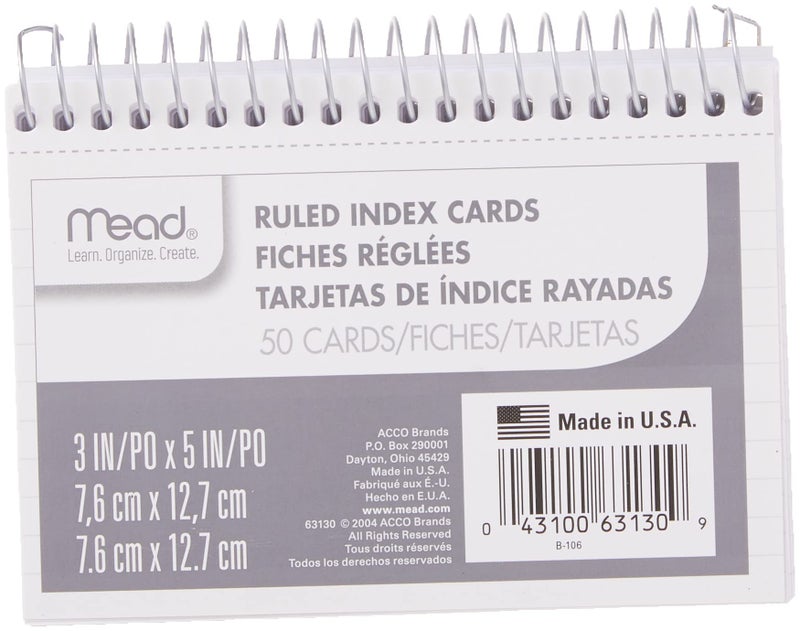 Mead Index Cards, 3" x 5", Ruled Front, Blank Back, 50 Cards, White (63130) - Image 1