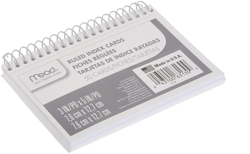 Mead Index Cards, 3" x 5", Ruled Front, Blank Back, 50 Cards, White (63130) - Image 2