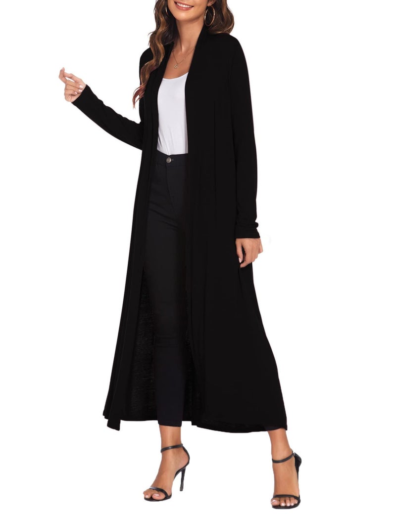 Bluetime Women Floor Length Open Front Cardigan Lightweight Long Sleeve Maxi Duster with Pockets (L, Black) - Image 4