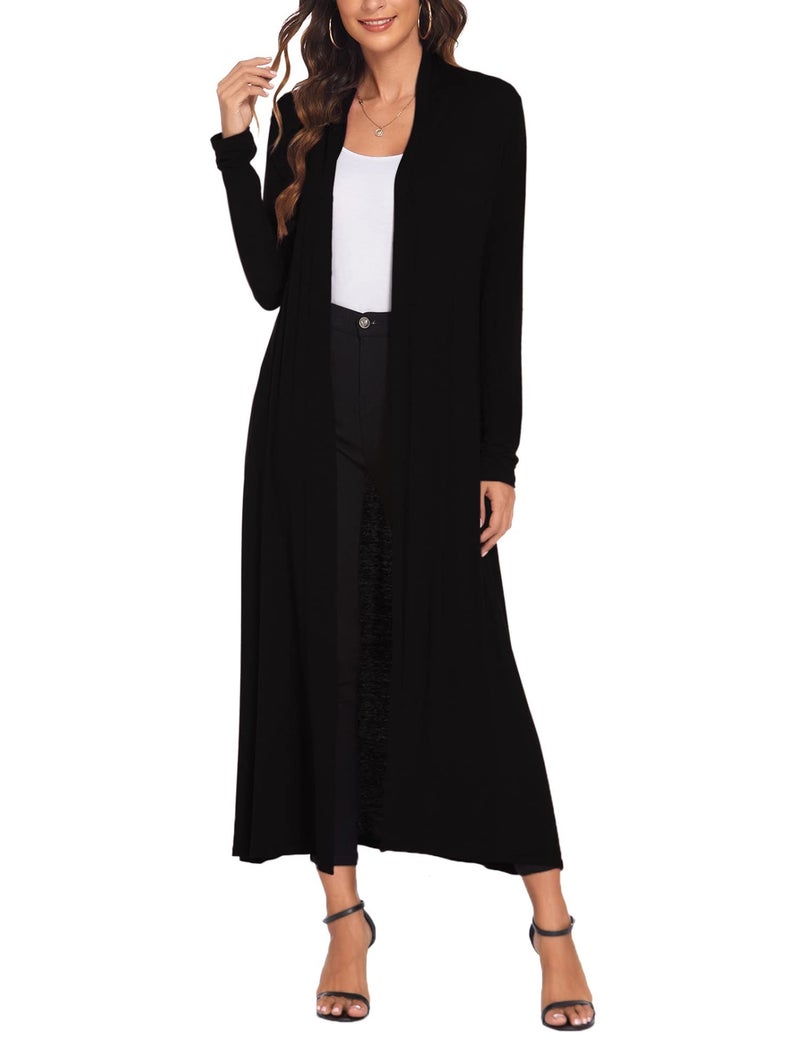 Bluetime Women Floor Length Open Front Cardigan Lightweight Long Sleeve Maxi Duster with Pockets (L, Black) - Image 2