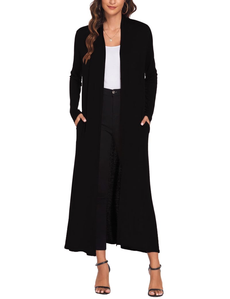 Bluetime Women Floor Length Open Front Cardigan Lightweight Long Sleeve Maxi Duster with Pockets (L, Black) - Image 1