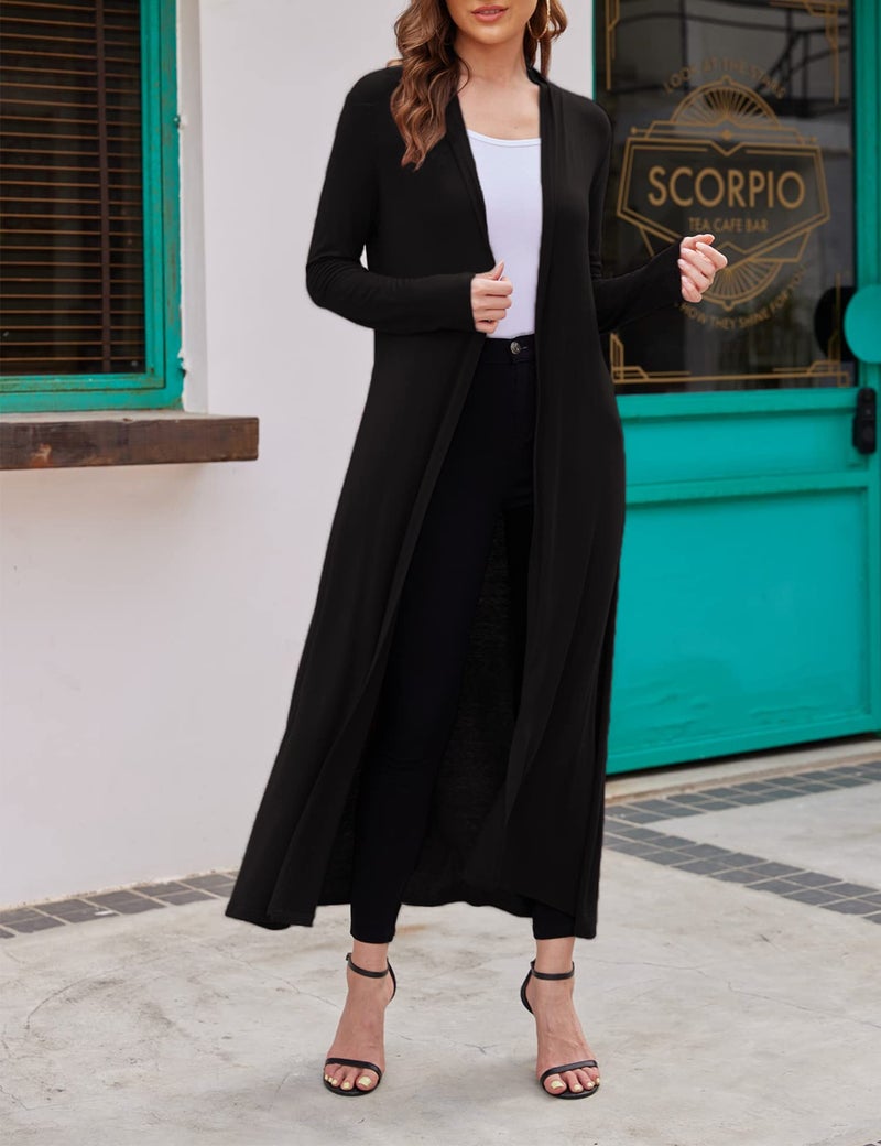 Bluetime Women Floor Length Open Front Cardigan Lightweight Long Sleeve Maxi Duster with Pockets (L, Black) - Image 3