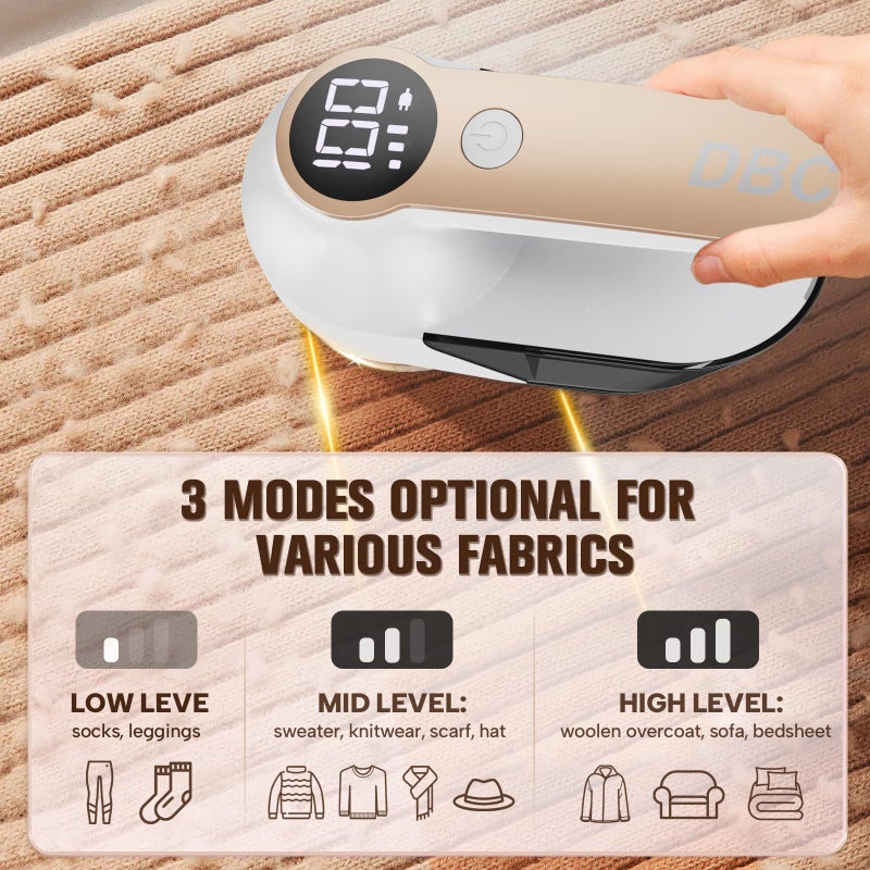 DBC Fabric Shaver with 15000r/Min Powerful Motor, LED Display, 3-Speeds, 6-Leaf Blades, Large Shaving Head Lint Remover for Clothes, Lint Ball, Furniture, Fuzz - Gold & White - Image 4