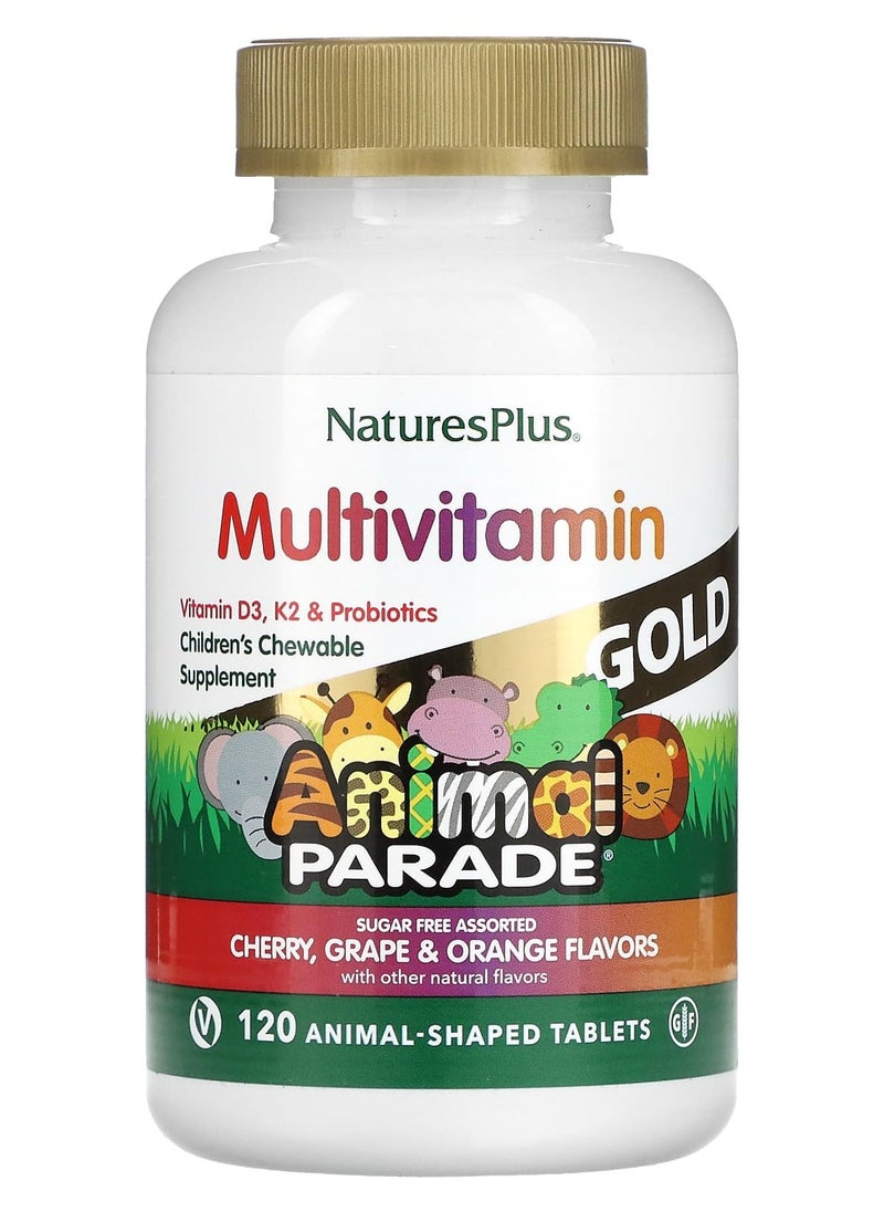 NaturesPlus Animal Parade Gold, Children's Chewable Multivitamin Supplement, Cherry, Grape & Orange, 120 Animal-Shaped Tablets  - Image 1