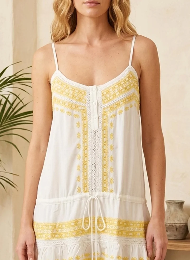 Alaya white and yellow Women Embroidered  Rayon Sleevless Dress -AL3713 for Women | Best Price UAE