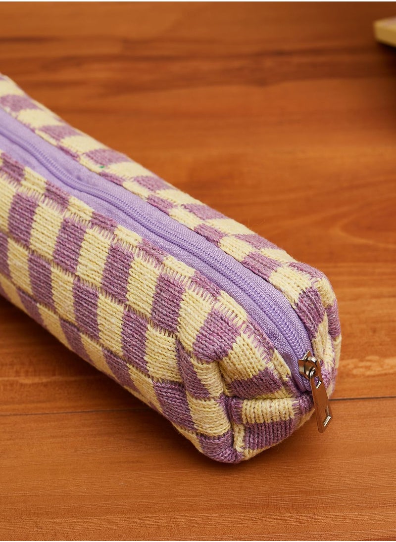 Pink Cactus - Purple Check Pencil Case - Image 1