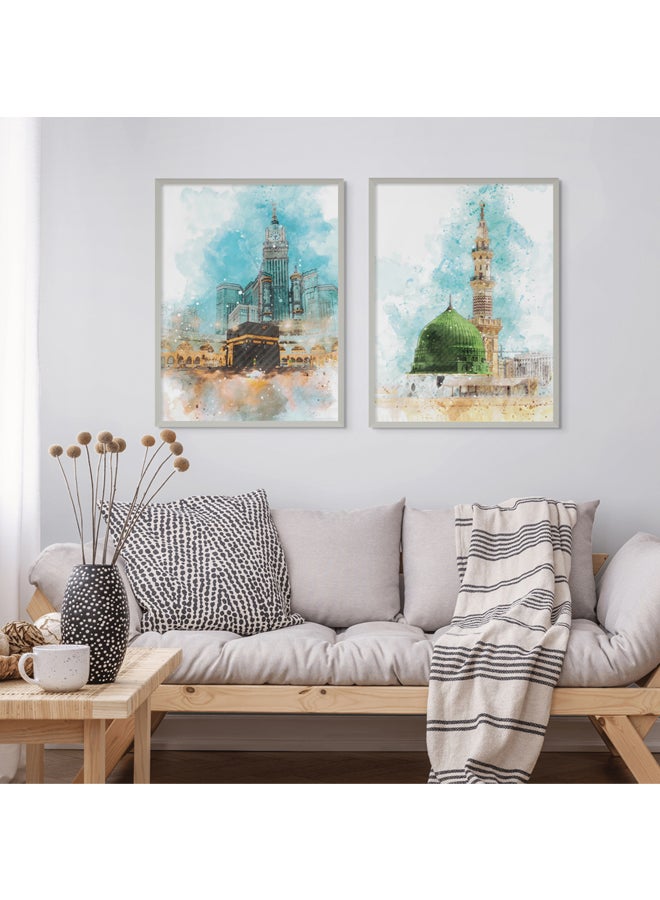 Art Decor Framed Set of 2 Makkah and Madina Kaabah and Masjid an-Nabawi Islamic Wall Art 2 Piece Fine Art Prints Wall Décor for Bedroom Living Room Office Gifting - Image 2