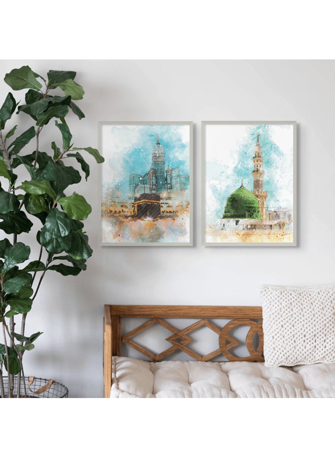 Art Decor Framed Set of 2 Makkah and Madina Kaabah and Masjid an-Nabawi Islamic Wall Art 2 Piece Fine Art Prints Wall Décor for Bedroom Living Room Office Gifting - Image 3