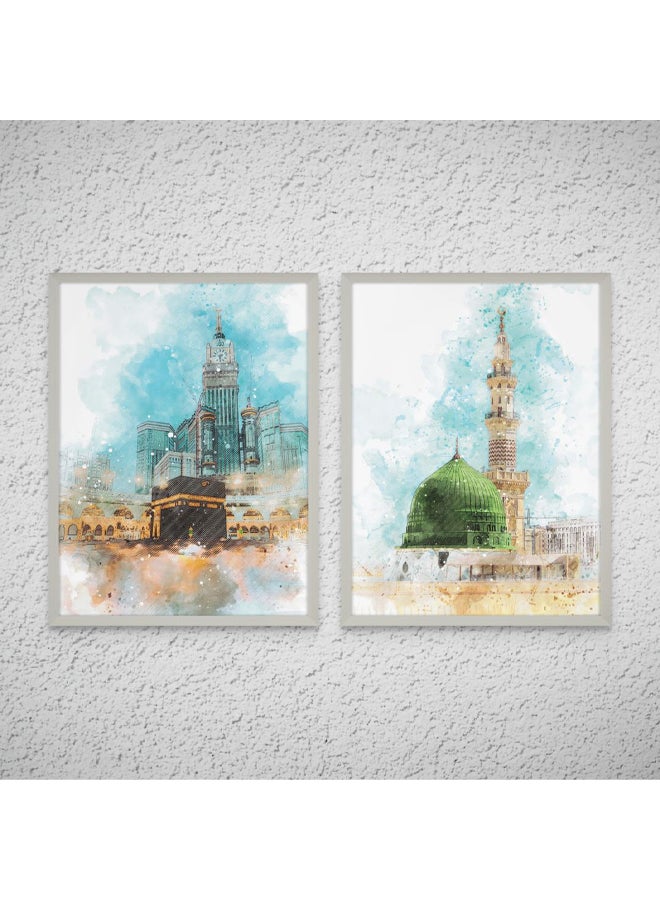 Art Decor Framed Set of 2 Makkah and Madina Kaabah and Masjid an-Nabawi Islamic Wall Art 2 Piece Fine Art Prints Wall Décor for Bedroom Living Room Office Gifting - Image 1