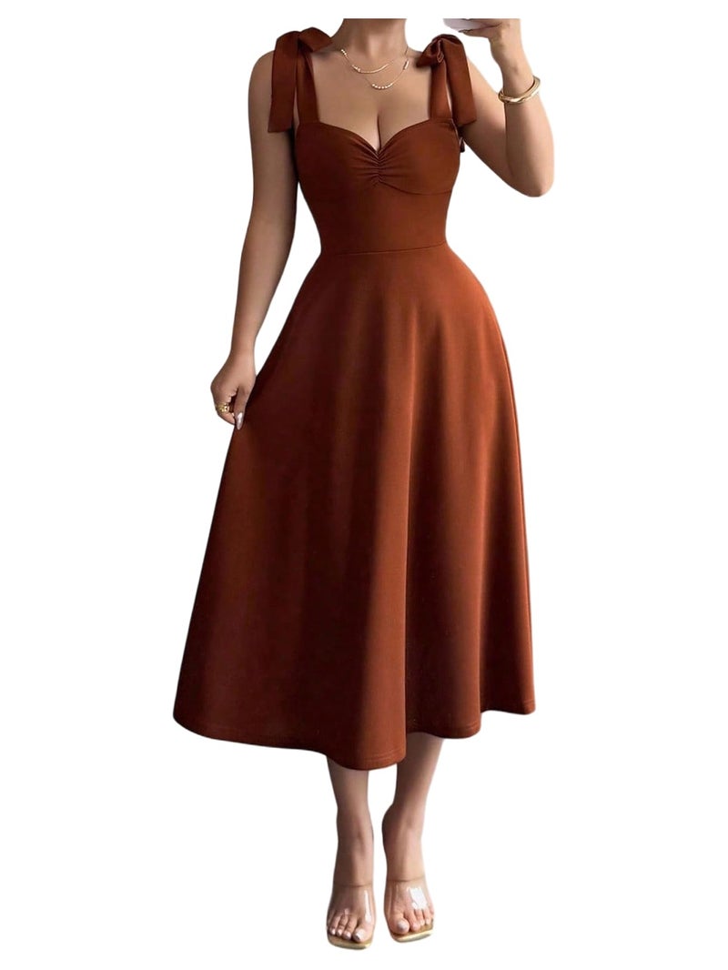 Floerns Women's Elegant Wedding Guest Dresses Bow Flare Ruffle Cocktail Party Summer Midi Dress Coffee Brown Large - Image 1