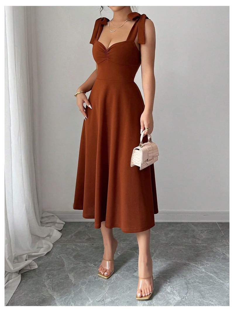 Floerns Women's Elegant Wedding Guest Dresses Bow Flare Ruffle Cocktail Party Summer Midi Dress Coffee Brown Large - Image 4