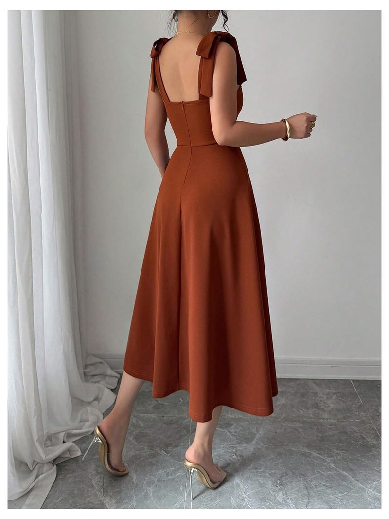Floerns Women's Elegant Wedding Guest Dresses Bow Flare Ruffle Cocktail Party Summer Midi Dress Coffee Brown Large - Image 3