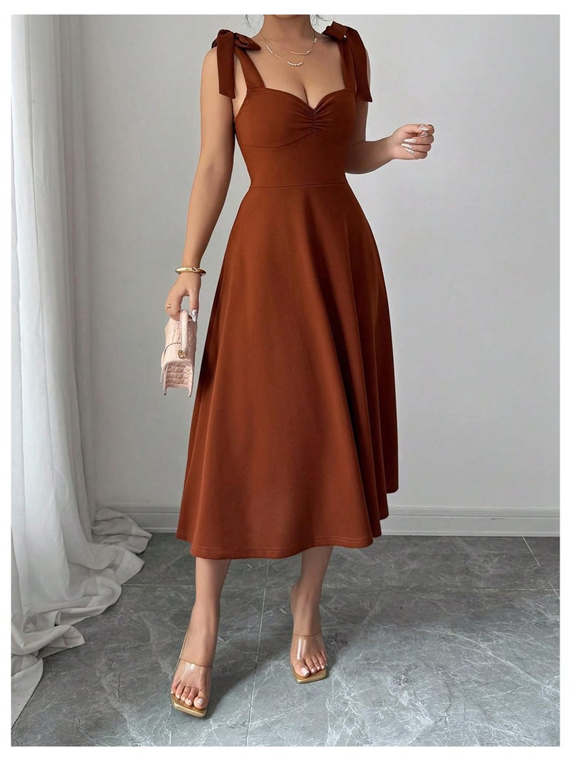 Floerns Women's Elegant Wedding Guest Dresses Bow Flare Ruffle Cocktail Party Summer Midi Dress Coffee Brown Large - Image 2