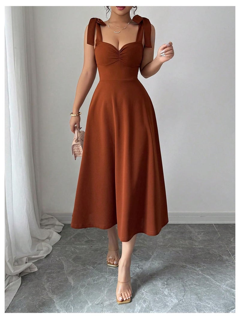Floerns Women's Elegant Wedding Guest Dresses Bow Flare Ruffle Cocktail Party Summer Midi Dress Coffee Brown Large - Image 5