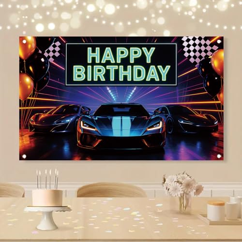 Saoplasa Neon Sports Car Racing Happy Birthday Backdrop Banner Luxury Cars Photography Background Racing Party Decorations Photo Booth Supplies 71x43 Inch - Image 5