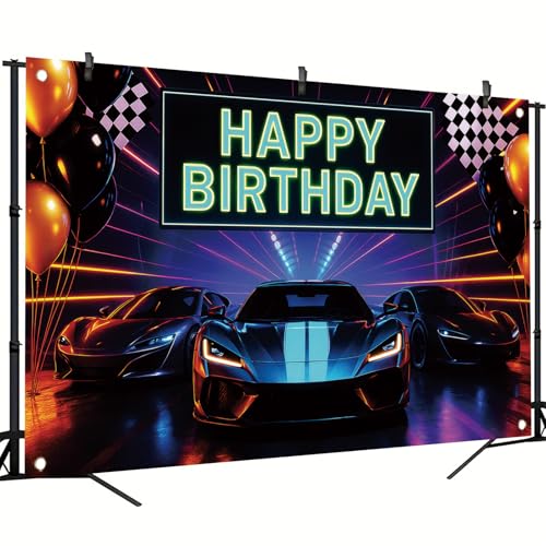 Saoplasa Neon Sports Car Racing Happy Birthday Backdrop Banner Luxury Cars Photography Background Racing Party Decorations Photo Booth Supplies 71x43 Inch - Image 3