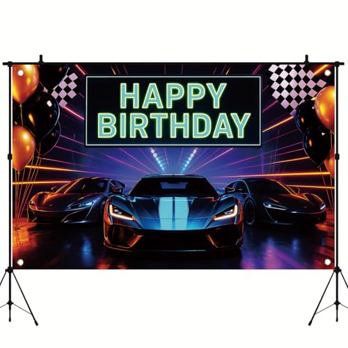 Saoplasa Neon Sports Car Racing Happy Birthday Backdrop Banner Luxury Cars Photography Background Racing Party Decorations Photo Booth Supplies 71x43 Inch - Image 4