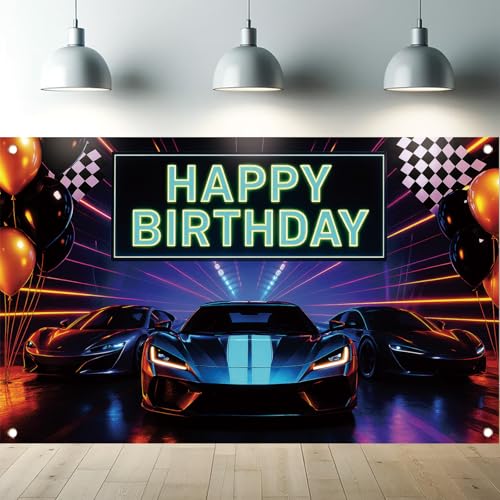Saoplasa Neon Sports Car Racing Happy Birthday Backdrop Banner Luxury Cars Photography Background Racing Party Decorations Photo Booth Supplies 71x43 Inch - Image 1
