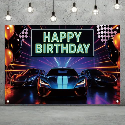 Saoplasa Neon Sports Car Racing Happy Birthday Backdrop Banner Luxury Cars Photography Background Racing Party Decorations Photo Booth Supplies 71x43 Inch - Image 2