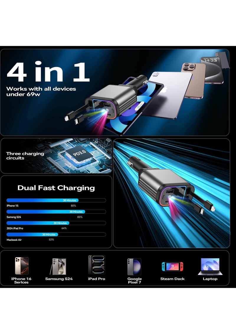 SOLARAE Fast Car Charger with Starlight, 4 in 1 Retractable Car Charger, 69W USB C Adapter, Cars Accessories with Starlight Roof, 2 USB Ports Phone Cars Chargers Compatible with iPhone 16 15 14 and Android - Image 2