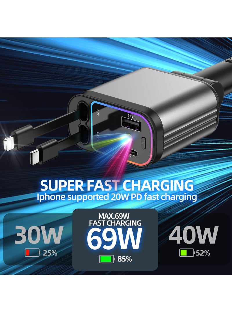 SOLARAE Fast Car Charger with Starlight, 4 in 1 Retractable Car Charger, 69W USB C Adapter, Cars Accessories with Starlight Roof, 2 USB Ports Phone Cars Chargers Compatible with iPhone 16 15 14 and Android - Image 3