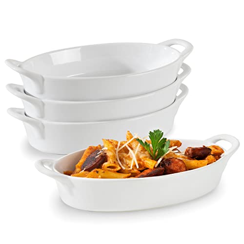 Home Beets Oval Au Gratin Baking Dishes for Oven Safe and Microwave Cooking and Baking, 4 Pc. Set, Heat Resistant Ceramic with Handles for Serving, Small Mini Casserole Dish, 8" x 5", 16 oz, White - Image 1