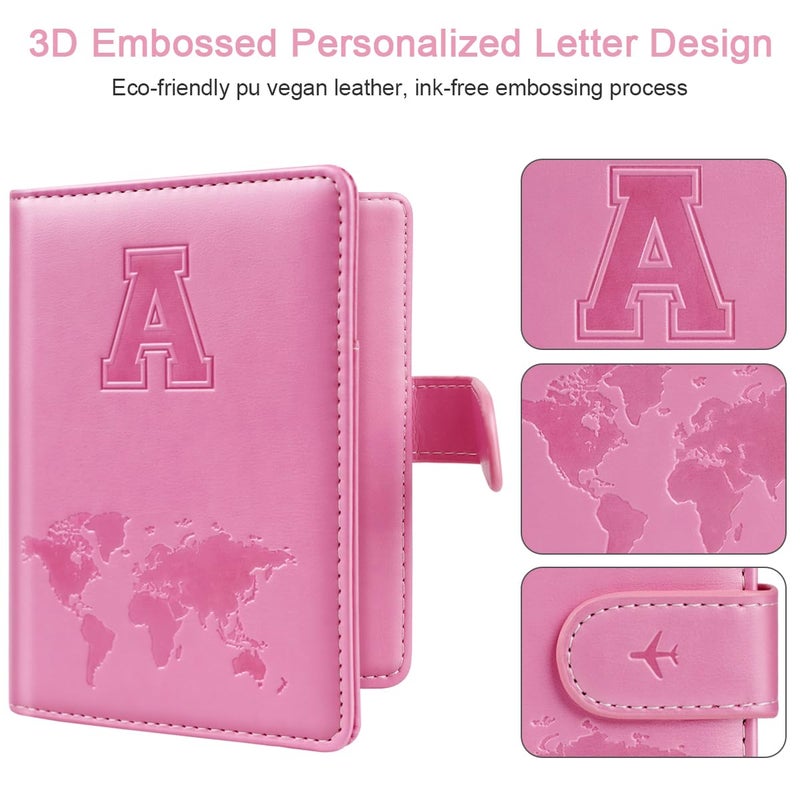 Simikol Passport Holder Cover Initail Letter A-Z Travel Wallet 3D Embossed Design RFID Blocking Card Holder Personalized Gift Passport Cover Wallet, Passport Book Holders for Women and Girls, Pink-A - Image 3