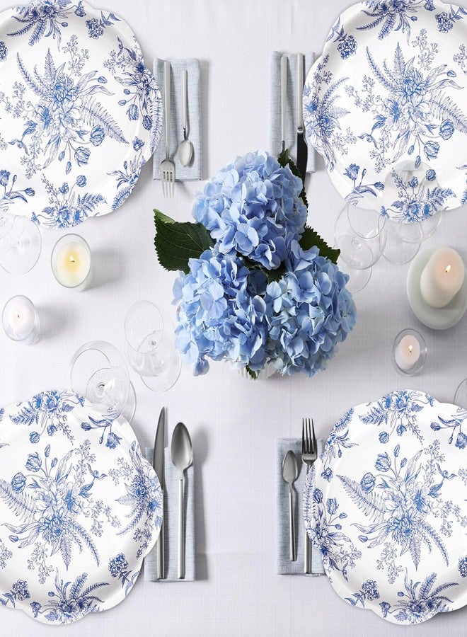 FYSUIMU 50 Pcs Blue Floral Paper Plates Vintage Chinoiserie Flowers Scalloped Disposable Plates 12 x 10 Inch Dinner Dessert Tableware Plate for Wedding Birthday Bridal Baby Shower Tea Party Supplies - Image 4