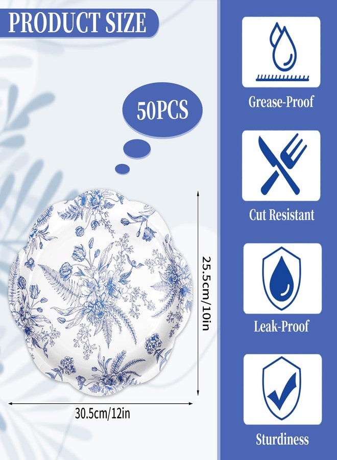 FYSUIMU 50 Pcs Blue Floral Paper Plates Vintage Chinoiserie Flowers Scalloped Disposable Plates 12 x 10 Inch Dinner Dessert Tableware Plate for Wedding Birthday Bridal Baby Shower Tea Party Supplies - Image 2