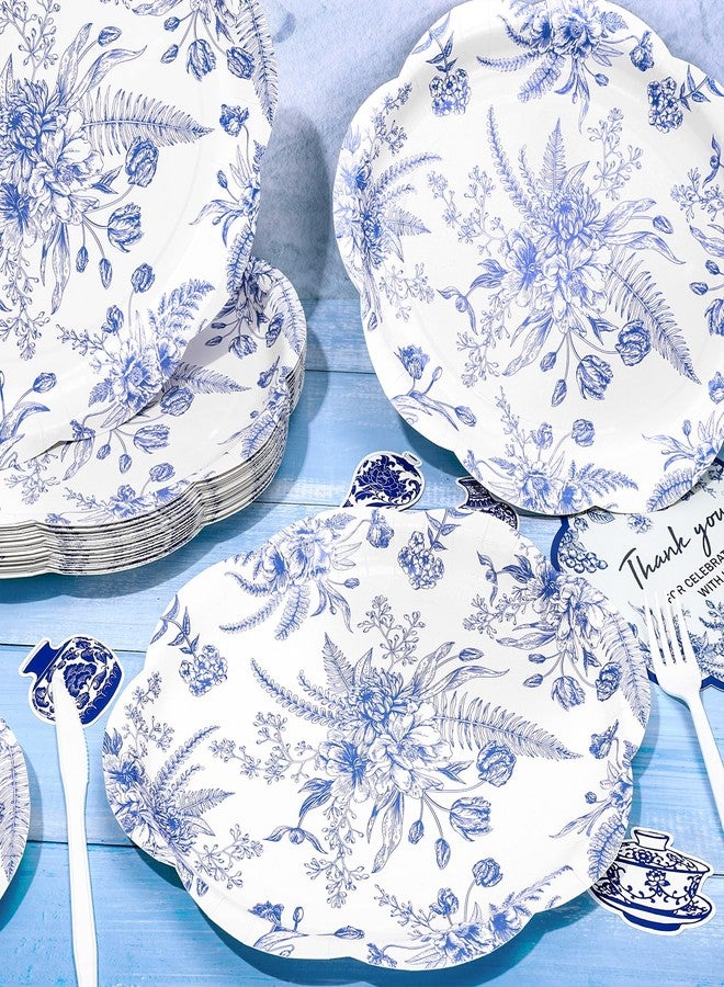 FYSUIMU 50 Pcs Blue Floral Paper Plates Vintage Chinoiserie Flowers Scalloped Disposable Plates 12 x 10 Inch Dinner Dessert Tableware Plate for Wedding Birthday Bridal Baby Shower Tea Party Supplies - Image 3